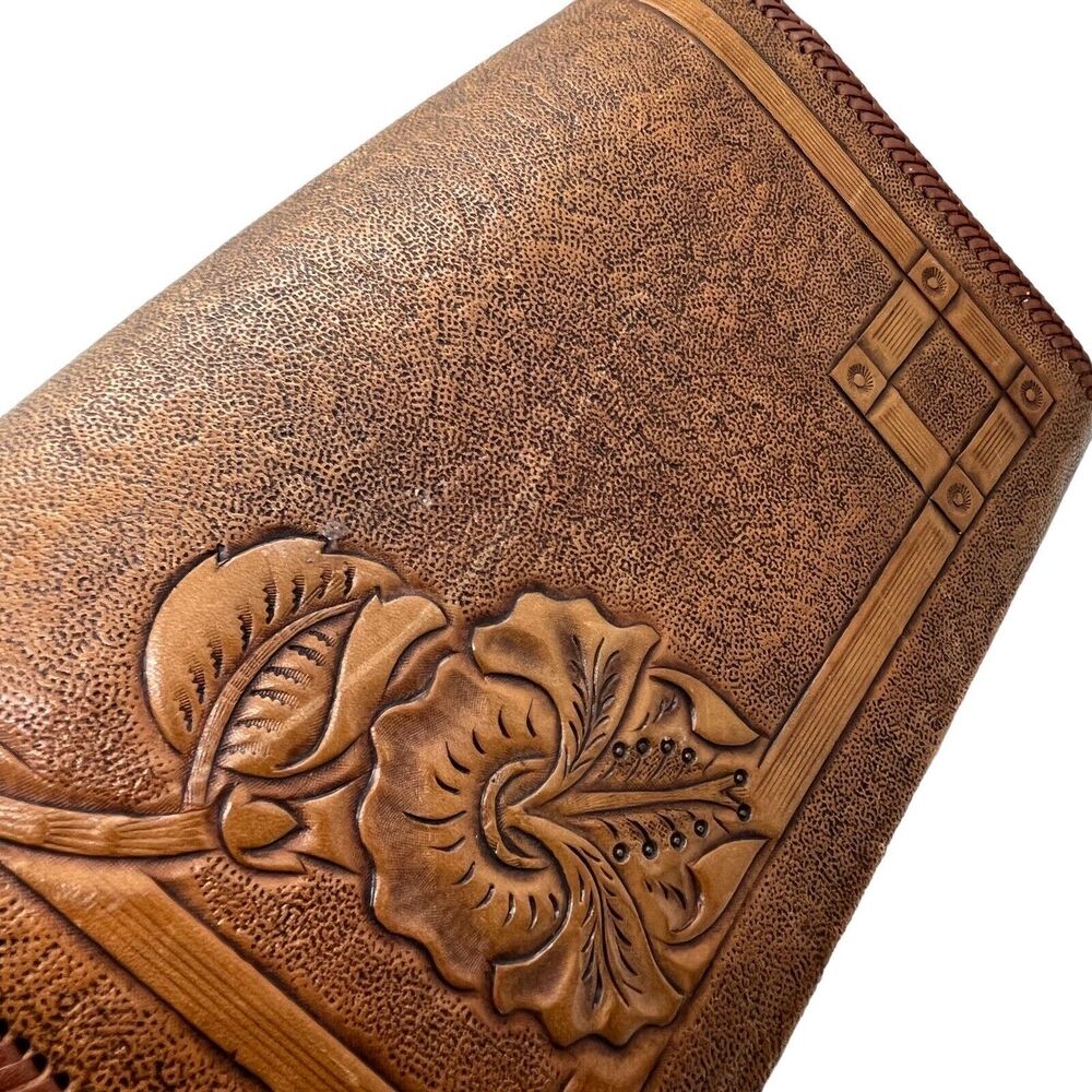 Tooled Leather Purse Crossbody Bag Mid Century Brass Details Boho Folk Art 1960s